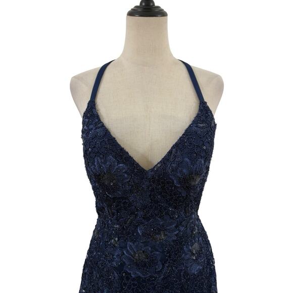 Betsy Adam Evening Gown Dress Navy Blue Lace Beaded Sequin Fit Flare Train Prom - Picture 2 of 8